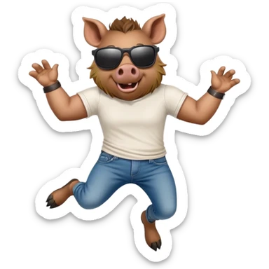 friendly anthropomorphised boar in jeans and a t-shirt, wearing dark sunglasses, jumping pose sticker