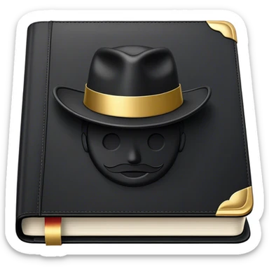 A sleek black book with gold accents, a polished leather texture, and an embossed symbol of a man tipping his hat, a deck of cards, or a golden key, radiating charisma, strategy, and the mastery of social dynamics. sticker