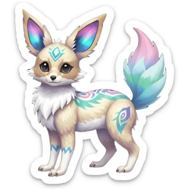 Rare iridescent white exotic epic aesthetic colorful Trico-Eevee-Genet-species-Fakemon-hybrid-creature, with intricate tattoo markings, full body sticker