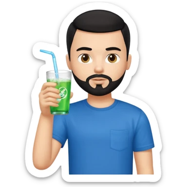 generate a pretty bratz boy with a buzz cut black hair, drinking sprite, bearded, blue tshirt sticker
