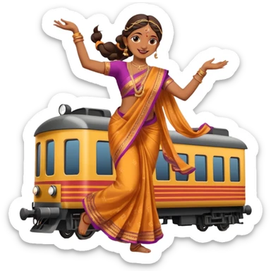 An Indian woman dancer dancing on top of a running train. sticker
