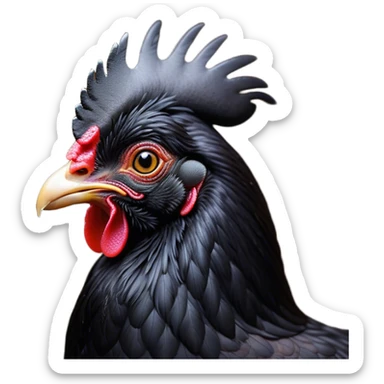 Cinematic Noble Black Chicken Portrait Emoji, Poised and regal, with a compact, sturdy build and a glossy, well-groomed pure black plumage, deep-set soulful beady eyes, Simplified yet sharp and sophisticated features, highly detailed, glowing with a soft, dignified glow, high shine, intelligent and alert, stylized with an air of mysterious elegance, focused and attentive, soft glowing outline, capturing the essence of a watchful and confident fowl, so majestic it feels as though it could strut out of the screen with effortless authority! sticker