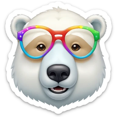 close up headshot of a friendly anthropomorphised polar bear wearing oversized colorful star glasses sticker
