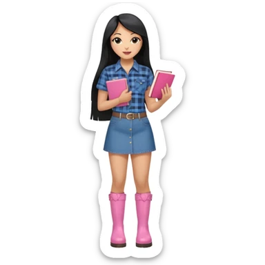 A plus-size light-skinned Black woman is wearing makeup. She has long, straight, waist-length black hair and is wearing a short-sleeved flannel shirt with a pink butterfly print, a denim miniskirt, and pink boots. She is standing and holding a book with her forearm raised. sticker