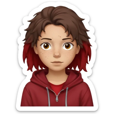 Hobo tomboy with light skin, freckles, dark brown shoulder-length hair in a messy style. Brown eyes, dark brown hoodie, dull red shirt. sticker