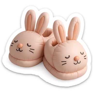 illustration of bunny slippers, soft and plush, pastel colors, cute faces, cushion style sticker