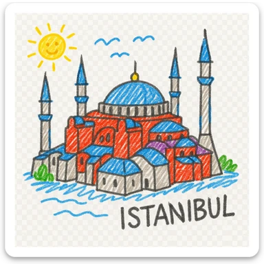 Isometric illustration of Istanbul, featuring real photorealistic Hagia Sophia with ts large central dome and four tall minarets, with real transparent background sticker