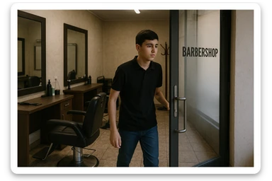 Shu odamni sartaroshxonaga kirib kelayapti  o'smirin davri rakurs ichkaridan sartaroshxona eski ham yangi ham emas bolani juda semiz qilib yuborma  u ozg'inroq bo' huddi sartaroshxonani  hammadan oldin kelib ochsin sticker