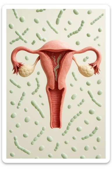 utero umano realistico con batteri della candida intorno, la foto si deve vedere per intero in formato verticale, sullo sfondo neutro chiaro ci sono batteri della candida, iperrealistico 4k sticker