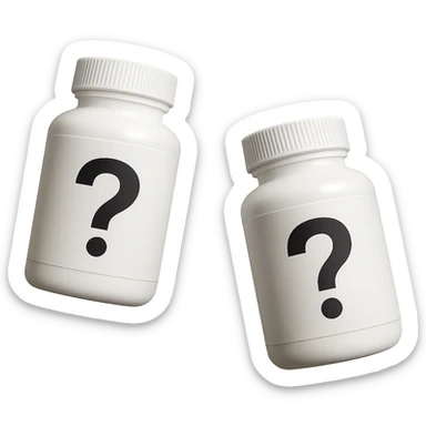 DUE BOCCETTE DI INTEGRATORI BIANCHE CON PUNTO INTERROGATIVO NERO SULL'ETICHETTA FLUTTUANO IN ARIA, IPERREALISTICA 4K sticker