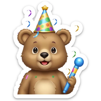 Partying bear cub with confetti and party blower sticker