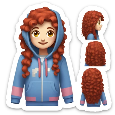 a white girl with long red curly hair and freckles, wearing periwinkle Minecraft hoodie playing a videogame smiling sticker