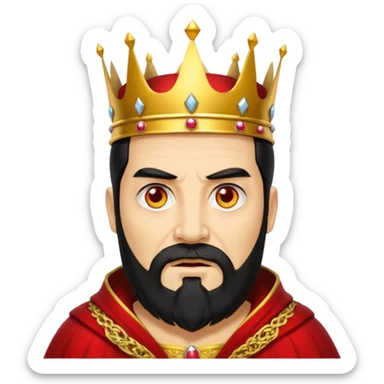 


an old king with yellow skin, red eyes, 60 years old, black hair, black beard, wearing a crown, red robe, fierce face
 sticker