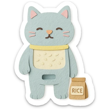 soft pastel rice dispenser cat standing with a tiny rice bag, full-body sticker