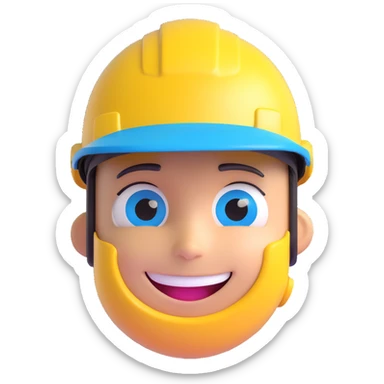 3D cartoon face of a construction AI agent, metallic skin, glowing blue eyes, yellow safety helmet, smiling sticker