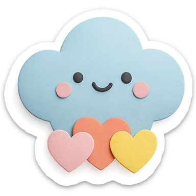 Regenerate the image as a soft pastel puffy cloud holding tiny pastel hearts, no arms, no legs, transparent background, full body, in paper craft style. Keep the paper craft texture and kawaii look. sticker