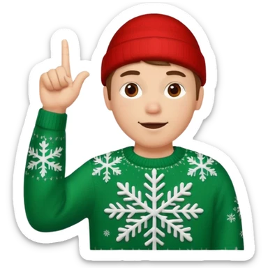 A guy pointing up with one hand and he has a christmas sweater with snowflakes in it sticker