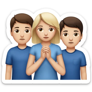 Apple iOS emoji style.
A girl holding hands with two boys at the same time,one boy si brunette the other blonde, one on each side.
The girl has a suspicious, guilty expression, slightly turned eyes.
The boys look neutral and unaware.
 smooth gradients, rounded shape sticker