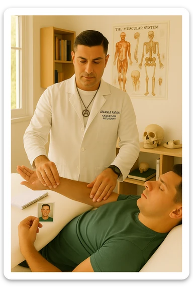 a middle-aged man, dressed in casual professional attire, is in a bright, organized therapy studio. Durante una visita di kinesiologia, il ragazzo tiene con una mano la foto di una persona lontana (il “testimone”) tiene la foto in mano, mentre con l’altra mano esegue un test muscolare su un cliente presente senza foto lui non tiene la foto. Sullo sfondo si vedono libri di kinesiologia, poster anatomici e strumenti tipici della disciplina. L’atmosfera è concentrata e serena, con luce naturale che entra dalla finestra, sottolineando l’aspetto alternativo e umano della pratica. sticker