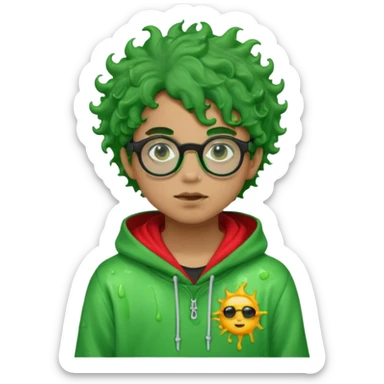 pale light brownskin boy with green slime coming out his eyes, and black glasses, nosering, wit messy, and curly freeforms, wearing a red hoodie with a Glo Gang sun on the hoodie. sticker