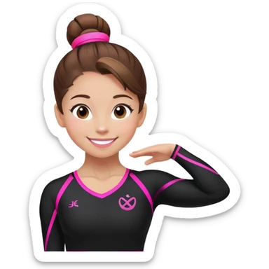 Happy female gymnast with brown hair in a neat bun, wearing a black uniform with neon pink elements. sticker