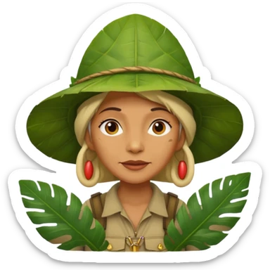 a old female explorer with jungle wearing a large leaf headgear bye  sticker