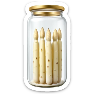 tall clear glass jar filled with upright pale white or green asparagus spears submerged in brine, sealed metallic lid gold or green, slim smooth spears neatly arranged tips upward, no label plate or extras, soft lighting, subtle shadows, transparent background, emoji scale sticker
