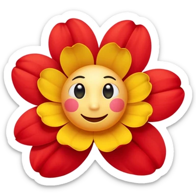 A flower with round yellow face with soft gradients, large glossy black cartoon eyes, and a simple curved smile. Surrounding bright red inflated petals with smooth shading and soft reflections. sticker
