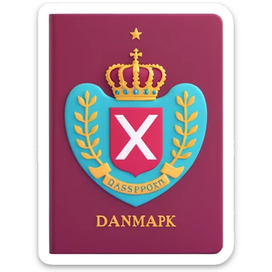 Danish passport, burgundy red with Denmark coat of arms sticker
