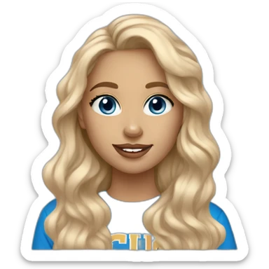 Tall blonde tan girl blue eyes wavy hair in ucla sweatshirt sticker