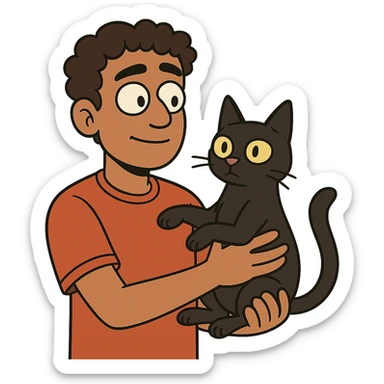 flat toon style young male with brown light skin, slightly curly hair, holding a black cat sticker