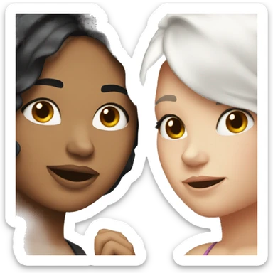 Two lesbian girls blushing at each other. Both have white skin and long black hair. sticker