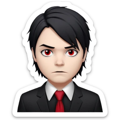 Gerard Way (Revenge Era)
Round, simplified emoji style
Pale skin tone
Jet-black, shoulder-length hair messy and emo
Heavy eyeliner and slight red shadow under the eyes
Subtle serious
Hint of red tie visible on black button up shirt.
Transparent background. Black eyeliner. Messy emo hair sticker