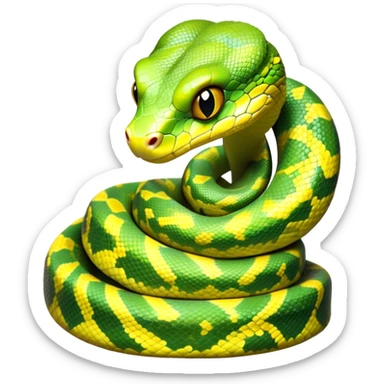 cinematic-green tree python-realistic-full-body-coiled-emoji,-thick-scaled-body-looped-tightly,-intricate-yellow and white-patterned-scales-reflecting-light,-head-tilted-dramatically,-cute-eyes-staring-calmly,-simplified-yet-realistic-focused-feature sticker