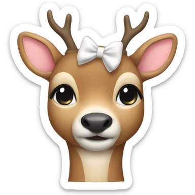 A deer with a white bow with a heart sticker