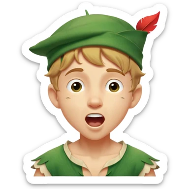 Cinematic Realistic Peter Pan Portrait, head tilted slightly with a dramatic, wide-open yawn, revealing a relaxed yet spirited expression. His detailed tunic and cap, paired with a gentle, ambient glow, capture a tender moment of vulnerability amidst his eternal quest for adventure. sticker