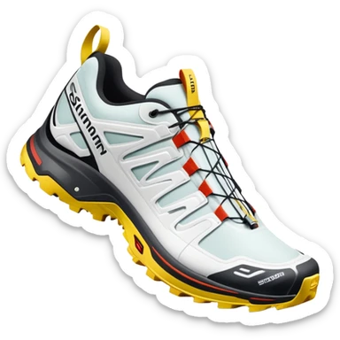 White Salomon XT-6 Gore-Tex sneakers as a pair with one shoe positioned behind the other, iOS emoji style, featuring trail running design with zigzag overlays and aggressive sole sticker