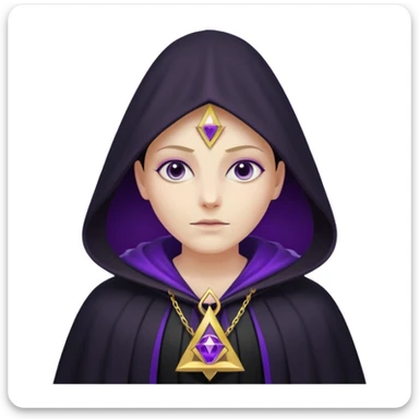 illuminati shadow figure standing in black cloak with gold triangle necklace, purple background sticker