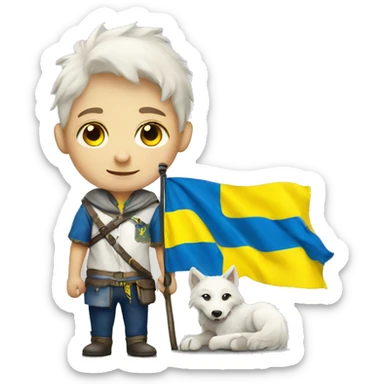 White Wolf boy with ukraine flag sticker