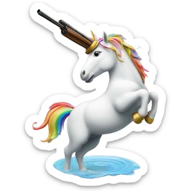 unicorn with a shotgun barrel as a horn shooting a stream of a rainbow sticker