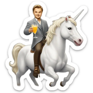 Leonardo DiCaprio smiling, raising a glass of cocktail and riding a white unicorn sticker