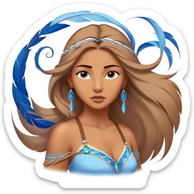 Cinematic Elegant Pocahontas Portrait Emoji, Standing serenely with a blue wind swirl around her, soft feathers in her hair, a tranquil yet powerful gaze, beauty beyond time, an ethereal aura of connection with nature, regal and enchanting! sticker