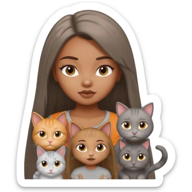 a pretty bratz dusky girl with long straight hair with four cats nd wearing a grey tshirt sticker