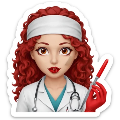 Scary woman scalpel in hand, evil surgeon sexy surgeon clothes.  She has red eyes. Her  brown long curly hair. Wears sexy doctor outfit with red gloves. Hides mouth necknose with red bandana to hide her identity sticker