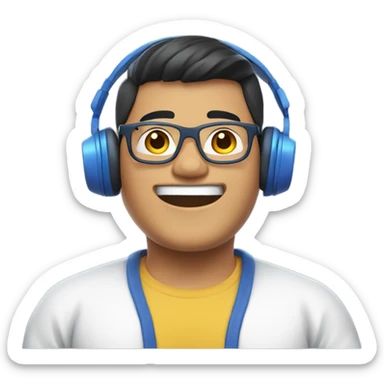 A slightly chubby Filipino gamer guy wearing blue headphones, glasses, and a white t-shirt with a white background where he is waving hello. sticker