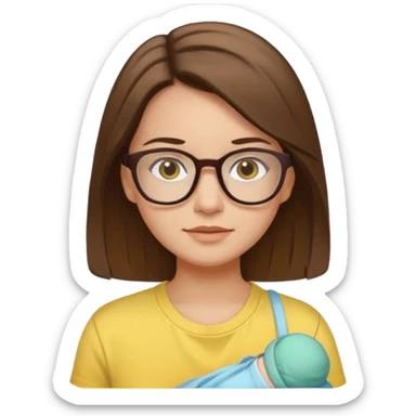 Hawaii female with white skin. Shoulder length straight brown hair. Brown eyes with glasses. Female wearing baby yellow shirt. sticker