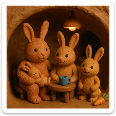 rabbit family in a burrow, cozy and cheerful, detailed fur, claymation style sticker