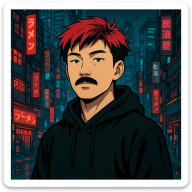 Asian man with black mustache, red hair, black hoodie, futuristic city background, Japanese cyberpunk anime style sticker
