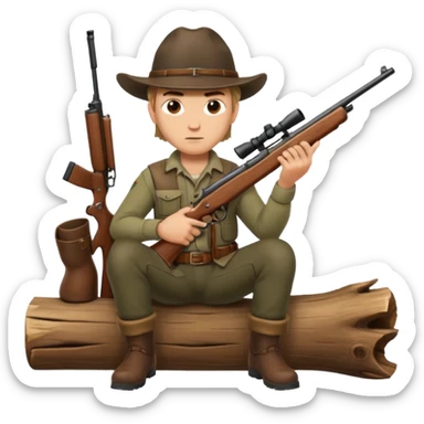 male hunter sitting on a log with gun, alert expression sticker
