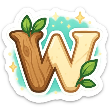 stylized letter W made of wood and alabaster, leafy accents, magical glow, emoji style sticker